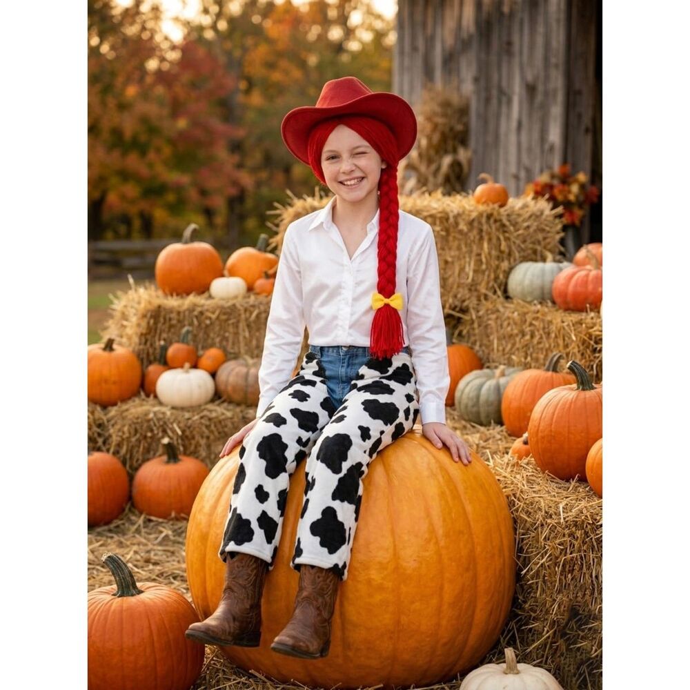 New- Long Red Yarn Cowgirl Wig Yellow Bow Braided Kids Small Costume Cosplay